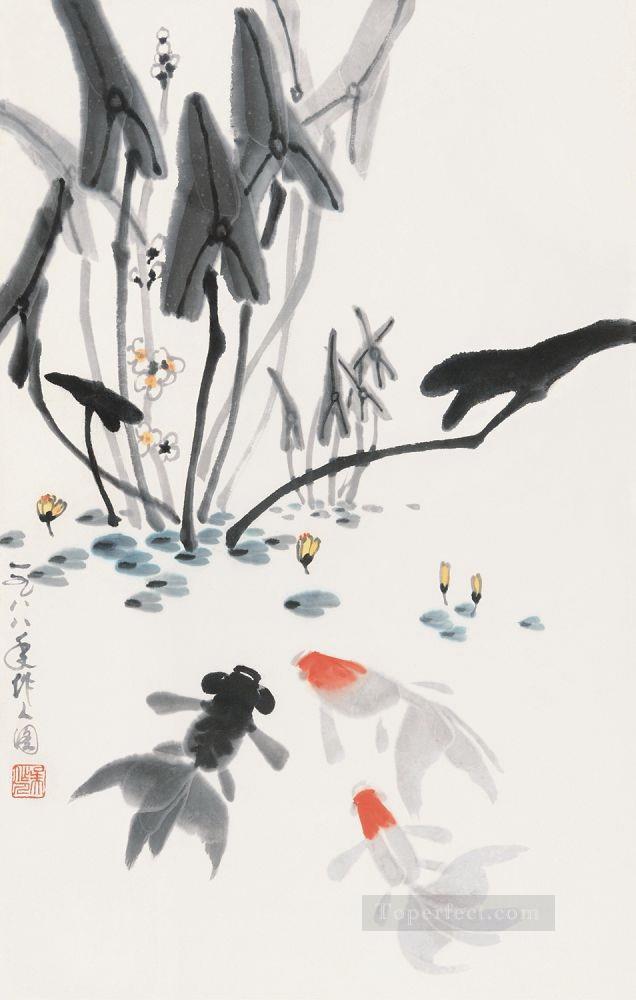呉作人 魚遊び 1988年 古い中国の墨油絵